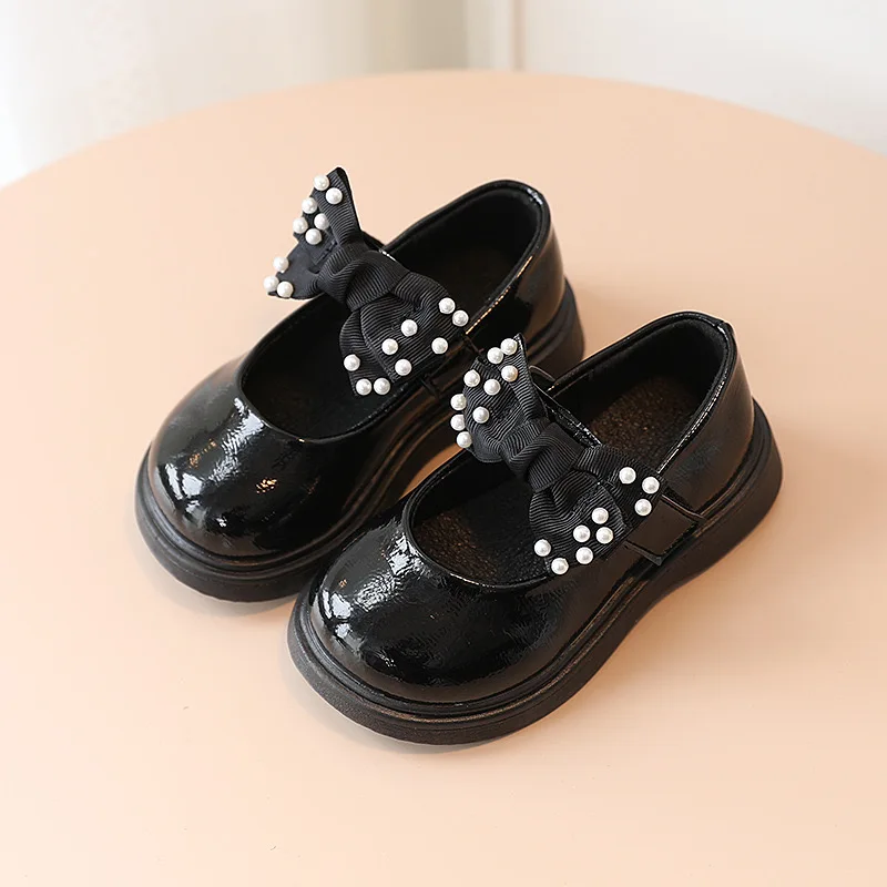 Congme 1-6 Yrs Girls Leather Shoes Baby Toddler Kids Bow Pearl Flat Shoes Black White Princess Doll Shoes Dress Shoes