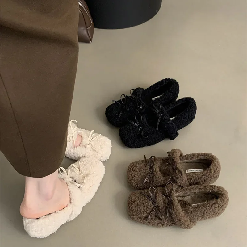 Vintage Women Fur Flats Shoes Fashion Shallow Butterfly-knot Shoes Spring Autumn Ladies Elegant Keep Warm Shoes