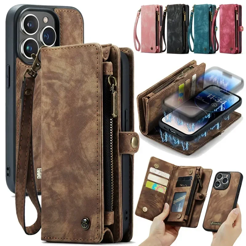 CaseMe Flip Leather Wallet Phone Case for iPhone 15 Pro Max 14 Plus 11 12 13 XR XS X SE 2022 8 Multi-Functional Phone Cover Bag