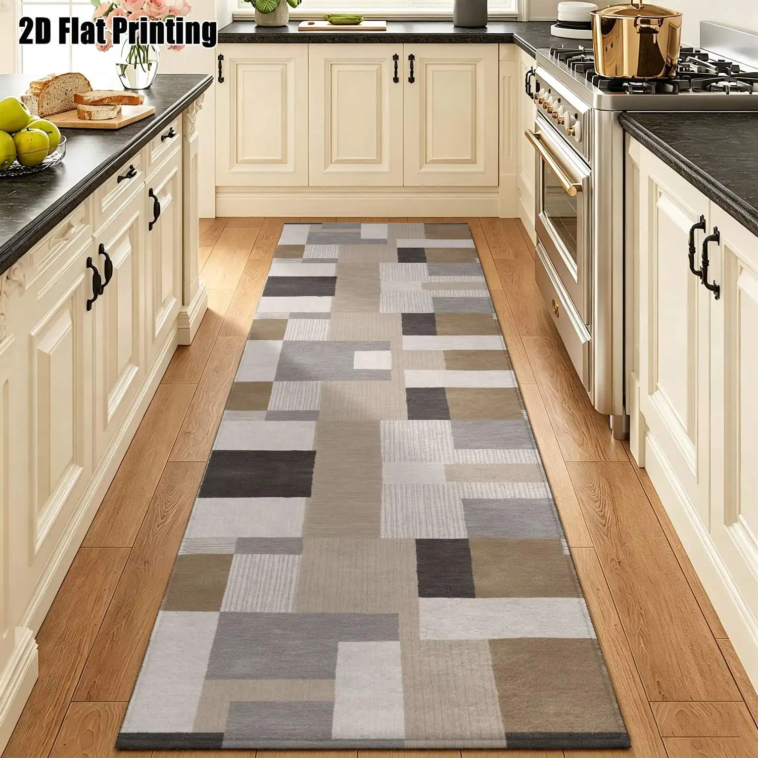1Pc 2D Printed Brown-Grey Geometric Patchwork Long Strip Runner Carpet Nordic, Modern Minimalist, European Style, Machine Washable, Multi-Size, Ideal for Entrance, Hallway, Living Room, Bedroom Home Decor.