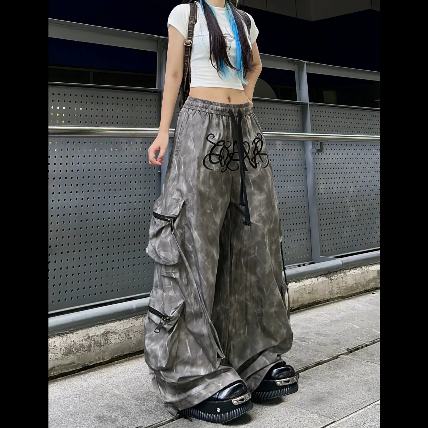Womens Yellow Tie Dye Pants Letter Embroidery Large Pockets Drawstring Detail for Hip Hop and Jazz Dance Practice