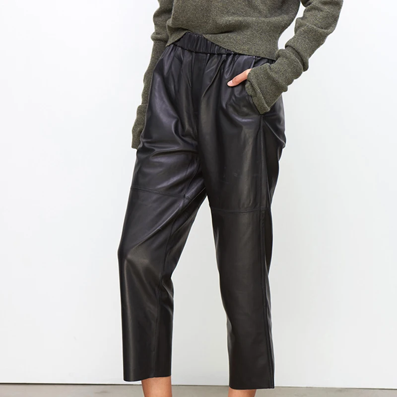 

Новинка 2026, брюки из натуральной кожи, весенние женские брюки из овчины, повседневные шаровары с высокой талией, уличные брюки с эластичной резинкой на талии