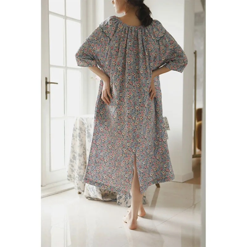 Autumn Cotton Double Gauze Cute Mid-Length Long Sleeve Nightgowns Round Neck Three Quarter Printed Pajama Dress Sexy Sleepwear