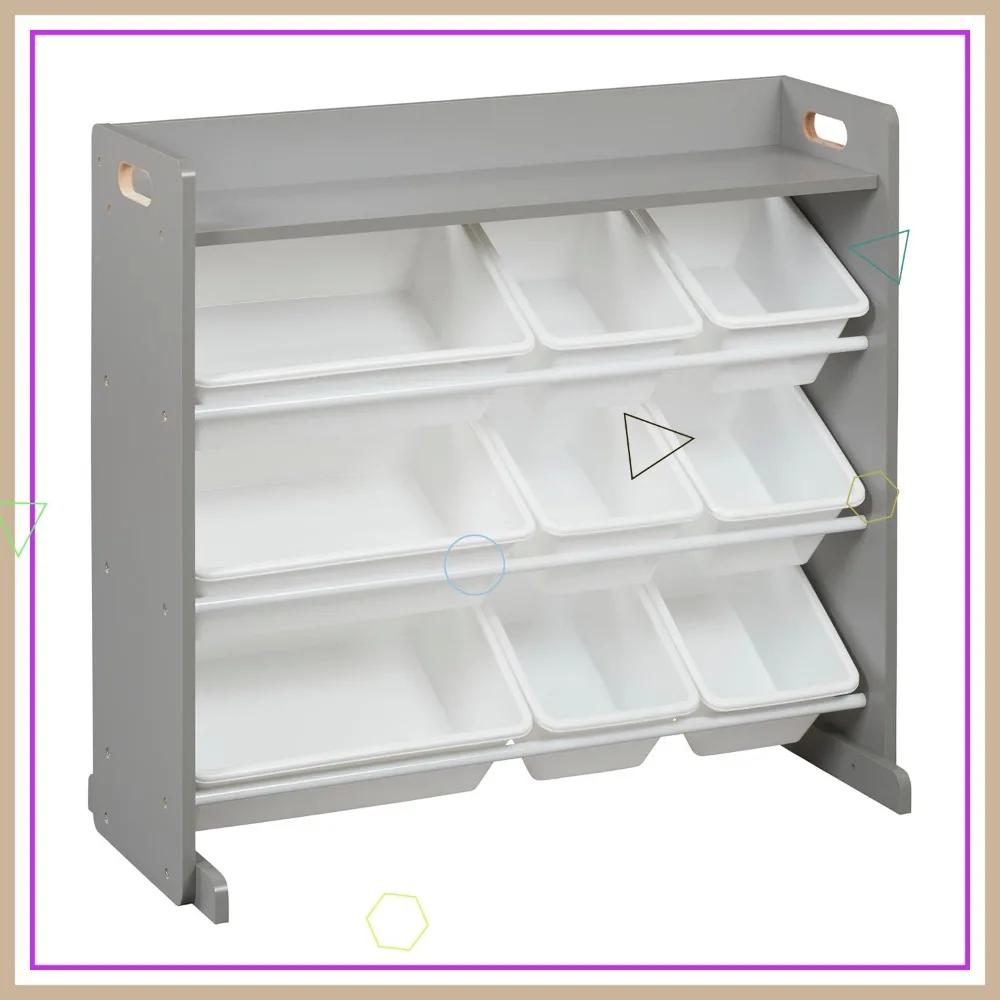 Organizer Penyimpanan Mainan Anak 3 Tingkat dengan 9 Tempat Penyimpanan, Warna Abu-abu/Putih, Desain Tahan Lama dan Aman untuk Rumah dan Ruang Kelas