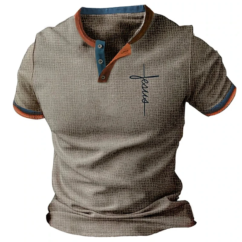 Sommer Herren Pullover Boutique Farbverlauf Bedruckt Atmungsaktiv Knopfleiste Pullover Herrenbekleidung 3D Waffel Kurzarm Mode-Oberteil – Detail 3