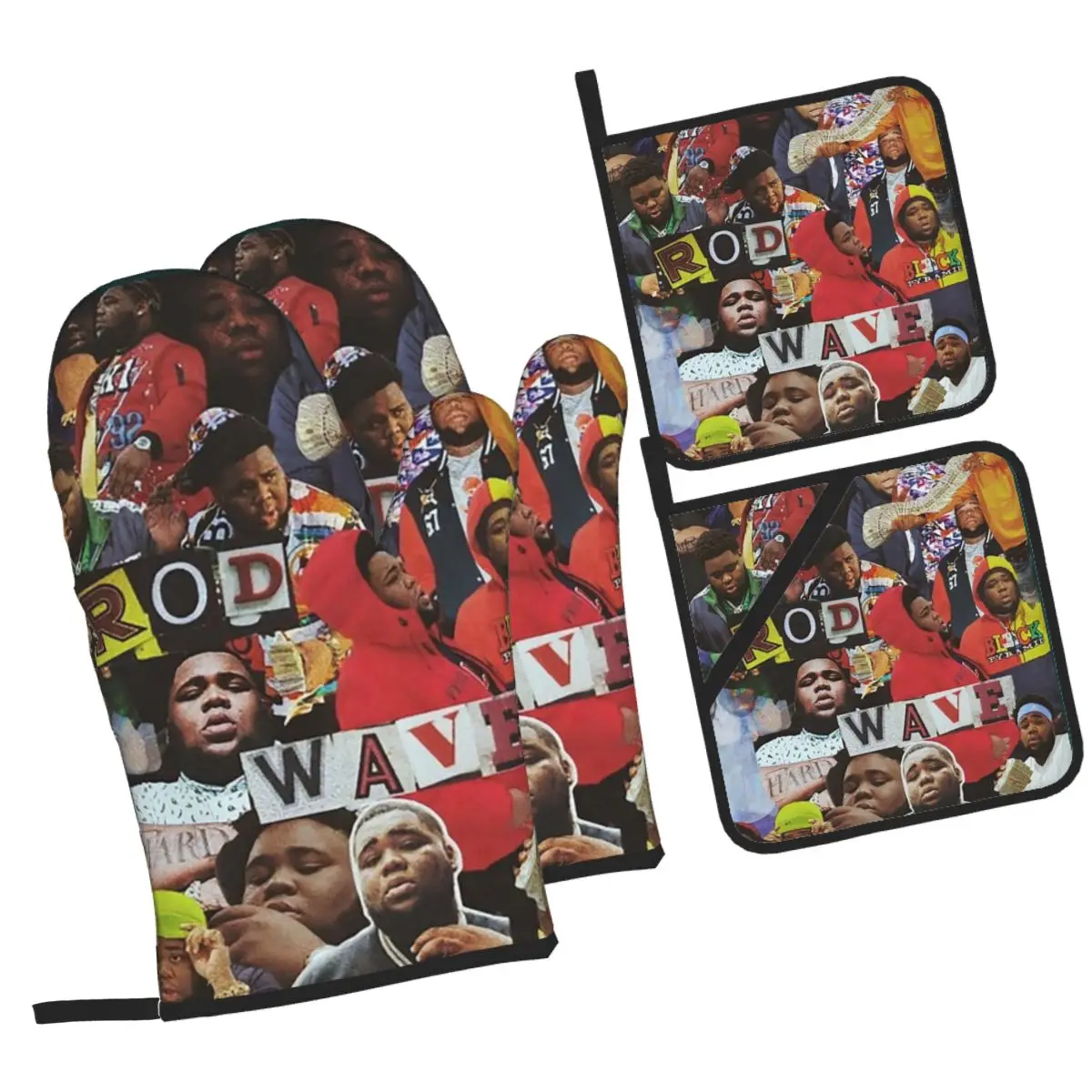 

Rod Wave Collage Oven Mitts and Pot Holder Sets of 4 for Baking Kitchen Cooking BBQ Resistant Non-Slip Gloves