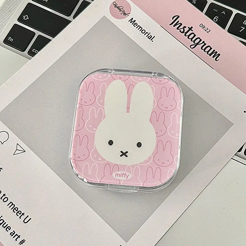 Miffy Bunny Kosmetik-Organizer, tragbare Kontaktlinsenbox mit zwei Fächern und Spiegel für Frauen, niedliche Cartoon-Aufbewahrungsbox