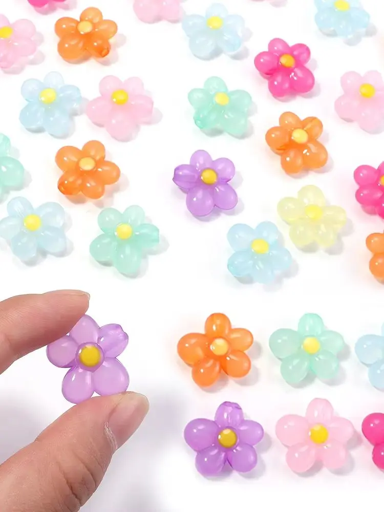 20pcs/lot Colorful Five Petals Flower Acrylic Beads Straight Hole Loose Spacer Beads For Jewelry Making DIY Bracelet Keychain