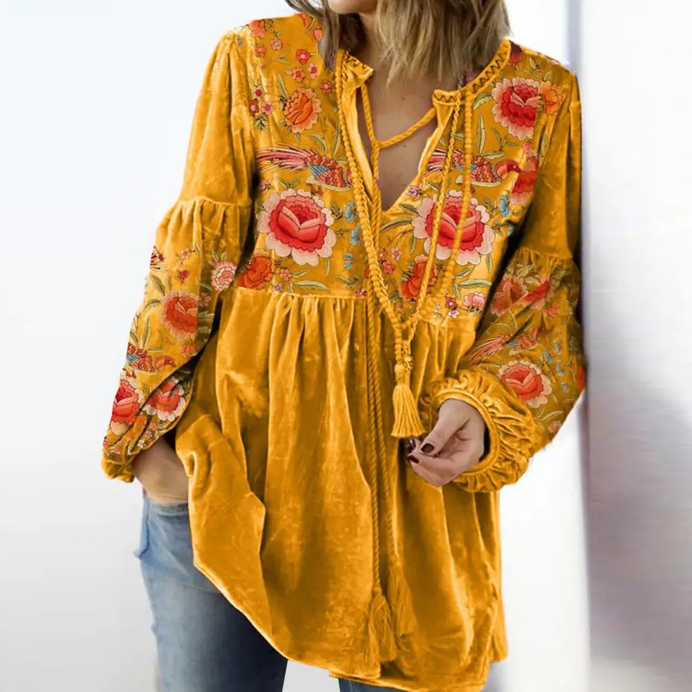 Bohemian Style Top Floral Print V-neck Drawstring Blouse for Women Retro Style Long Sleeve Fall Spring Top with Pleated