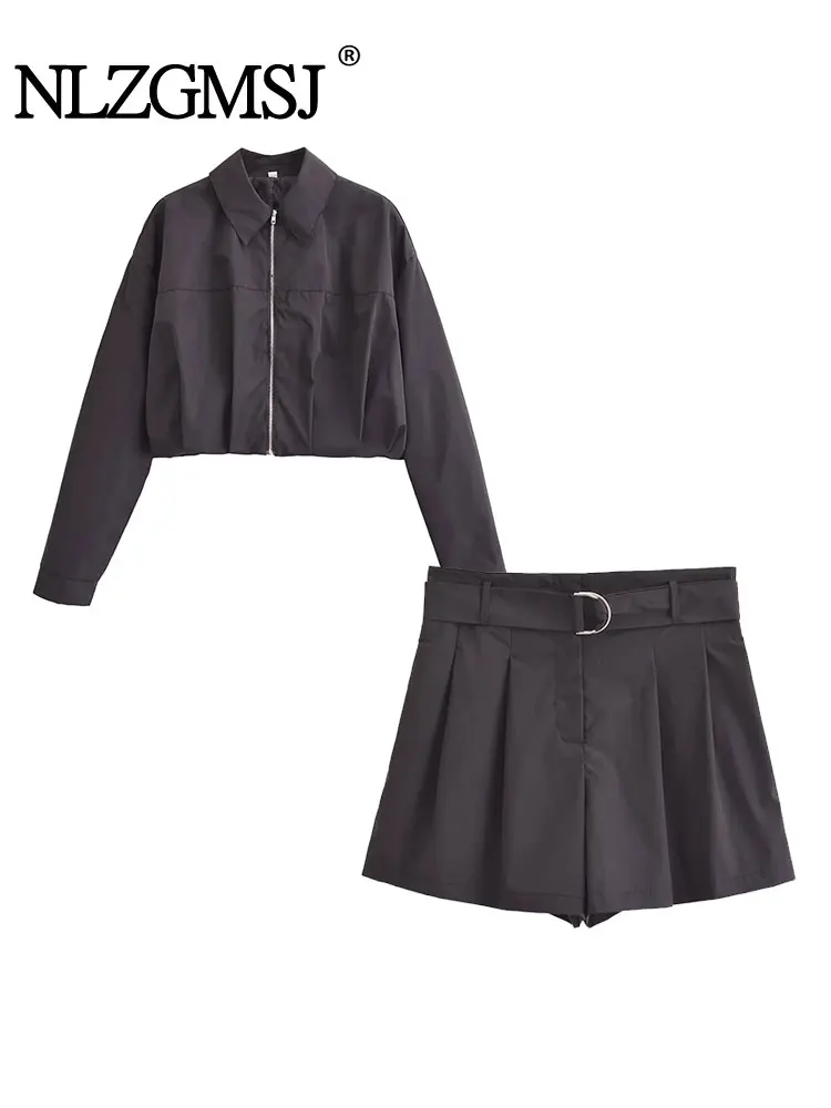 TRAF 2024 Spring Women Fashion Short Jacket Coat Casual Zipprt Jacket + Belt Shorts Fashion 2 Piece Set