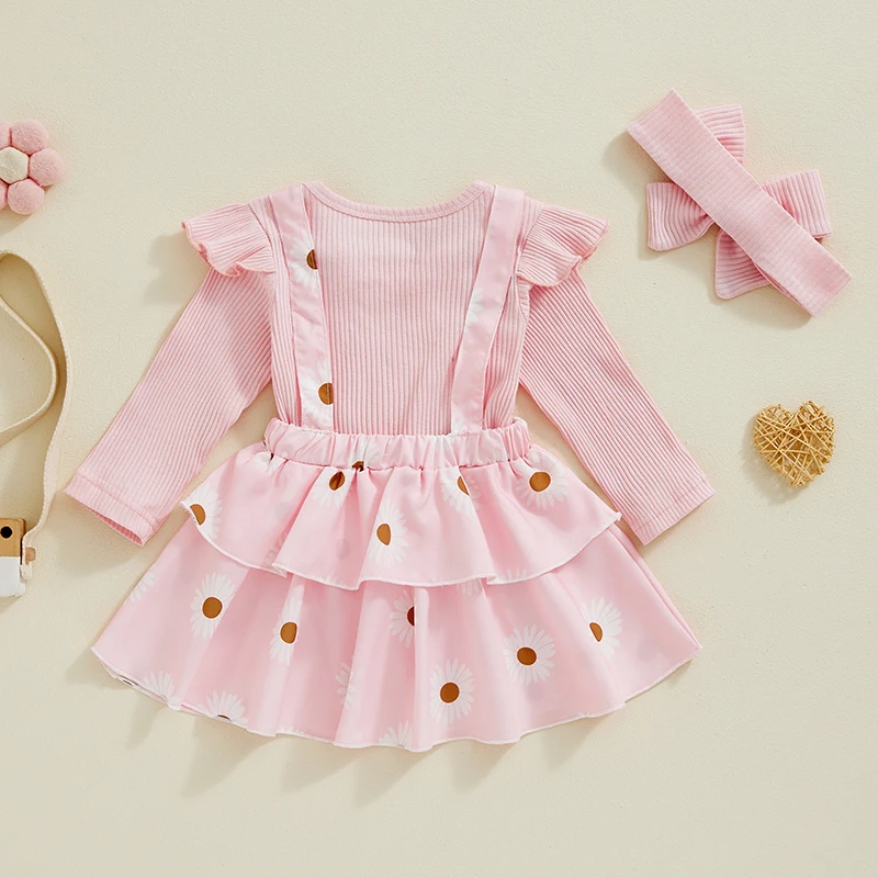 Baby Girls Fall Outfit Ribbed Long Sleeve Solid Color Romper and Square Neck Floral Suspender Skirt Cute Headband 3Pcs Set