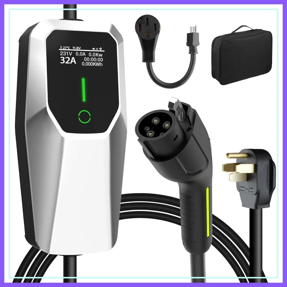 

Level 1 2 EV Charger 26ft Portable Cable NEMA 14-50/5-15 7.68kW 32A Adjustable for SAE J1772