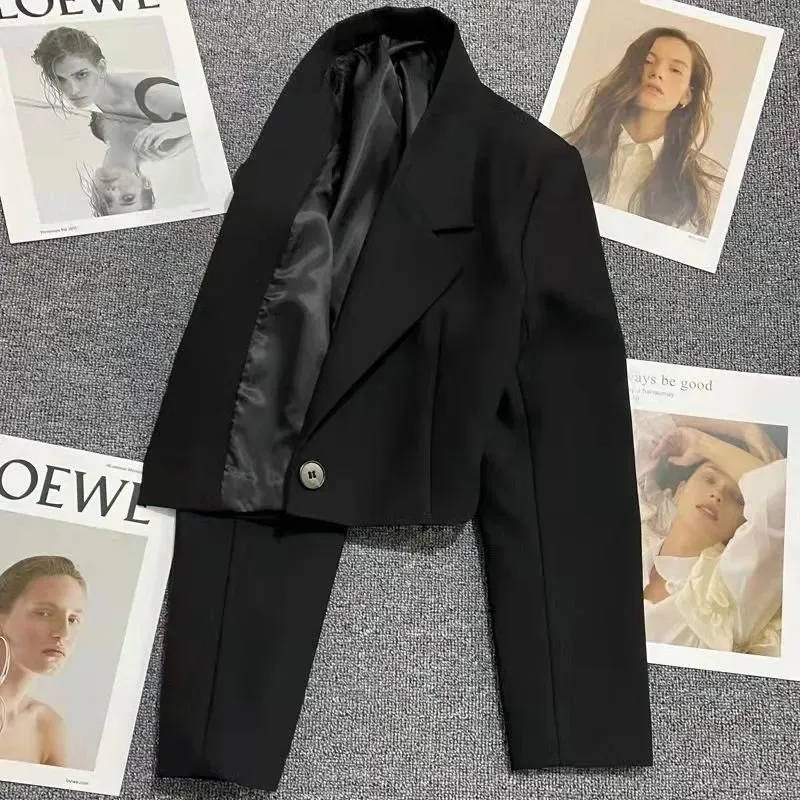 Korean Style Cropped Blazers for Women Fashion Single Button Black Small Suit Jacket New All-Match Notched Collar Blazer Coat