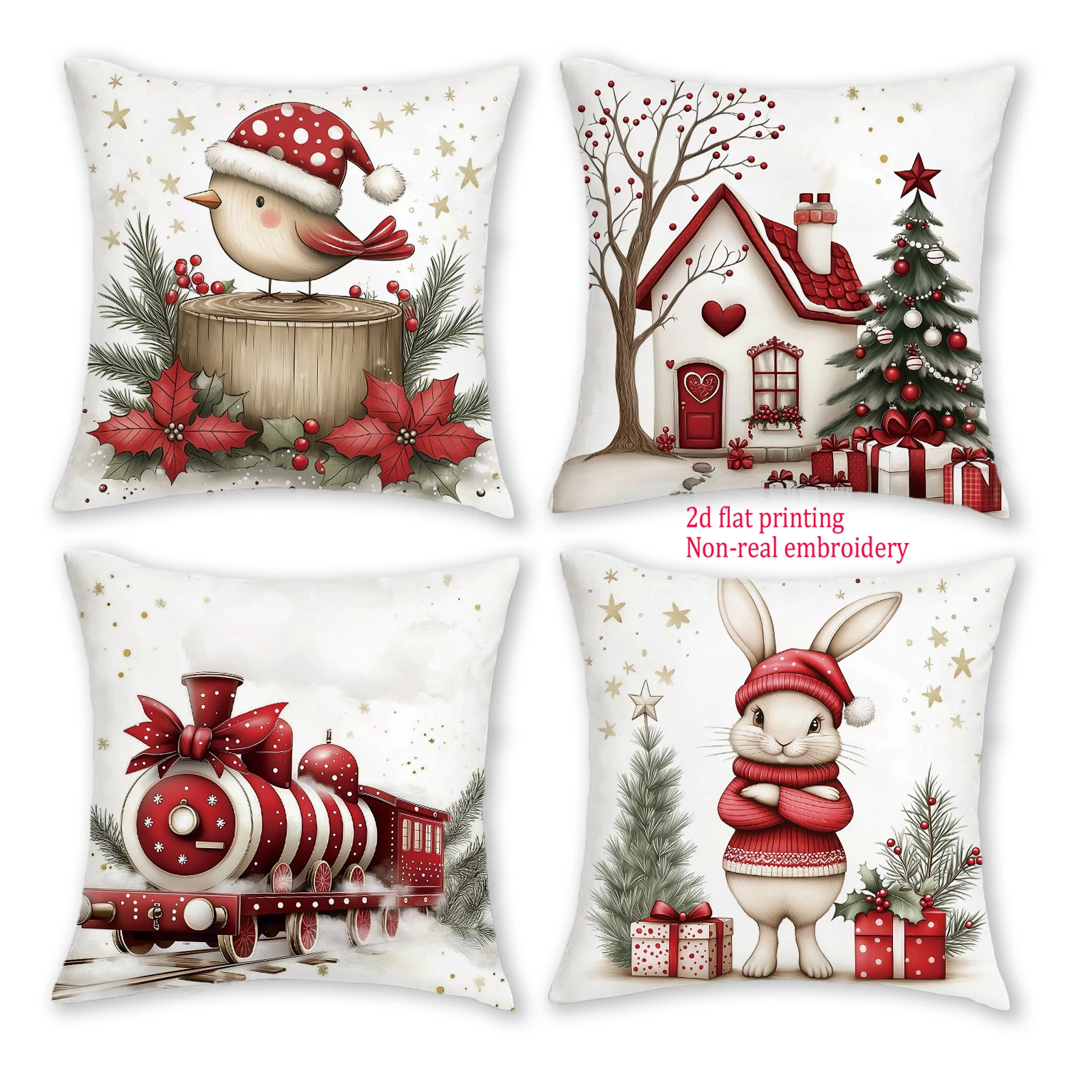 4pcs Festive Christmas Throw Pillow Covers, 18x18 Inch, Polyester Zippered, Non-Real Embroidery, Winter Home Decor, Santa