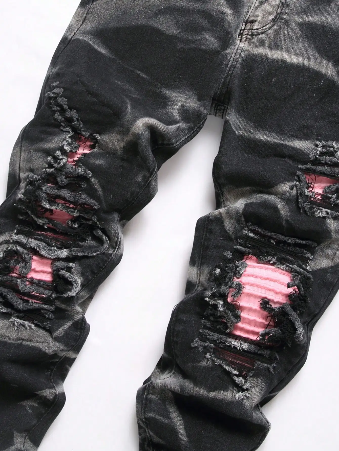 Men High Stretch Slim Fit Destroyed Ripped Jeans Black Tie‑Dye Washed Denim Pants Patchwork Frayed Edges Male Hip Hop Streetwear