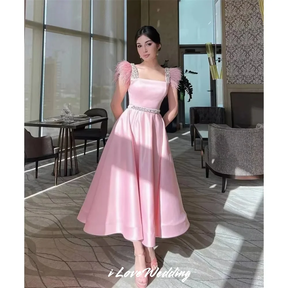 Pink Square Neck Cocktail Dress 2025 Satin Sleeveless Tea-Length A-Line Ruched Crystal Feather Wedding Guest Dresses Customized