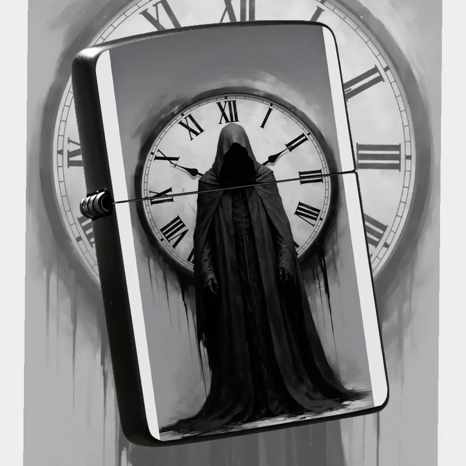 Portable Ignition Accessory With Dark Gothic Faceless Time Keeper Print, Retro Roman Numeral Clock Themed Unique Decor, Stylish Practical Collectible Gift For Daily Use, Gatherings And Creative Display For Art Lovers A Humorous And Interest