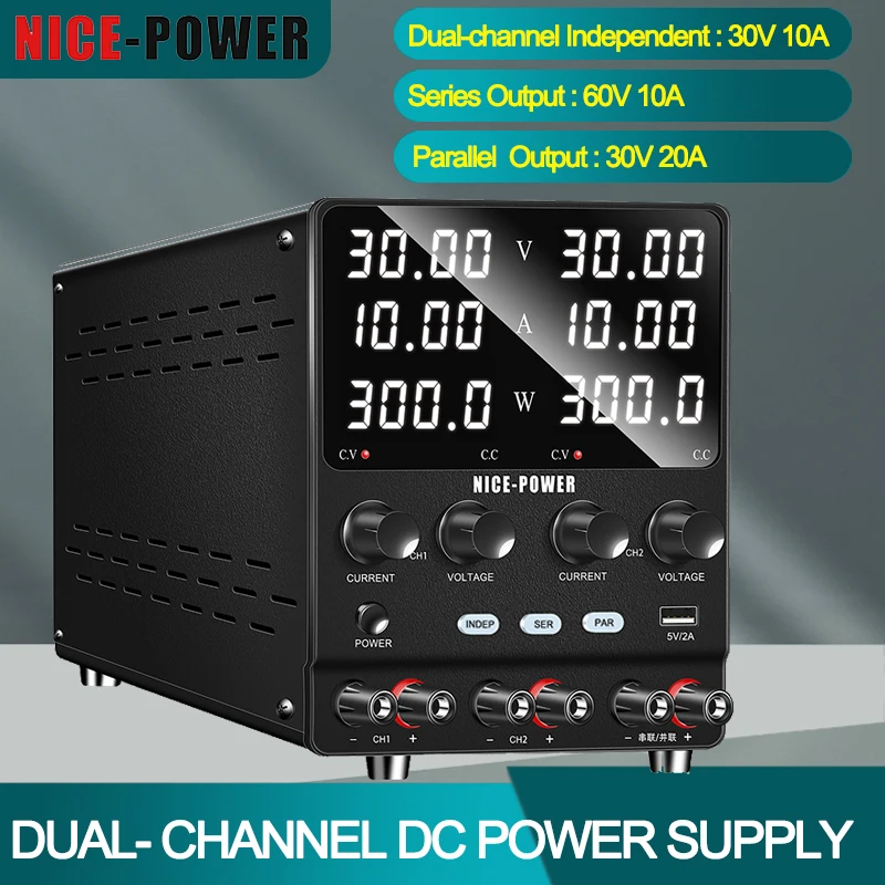 Digital Dual-Channel DC Power Supply 30V10A 2 Channel Lab Bench Power Source 120V3A Voltage Regulator Series Parallel Output DIY