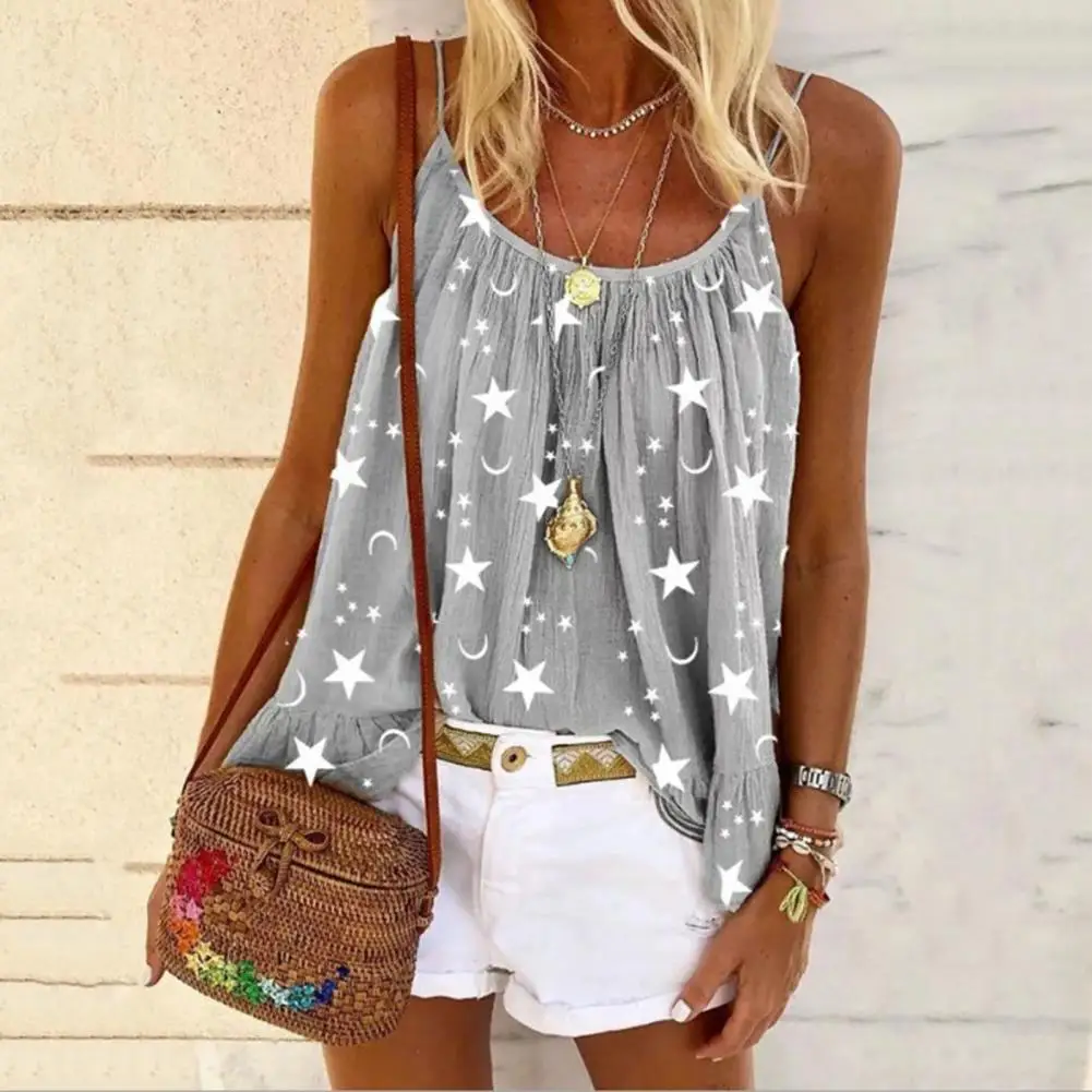 

Women Camisole T-shirt Star Moon Print Spaghetti Strap Blouse U-neck Sleeveless Summer Vest Camisole for Holiday топ женский 티셔츠