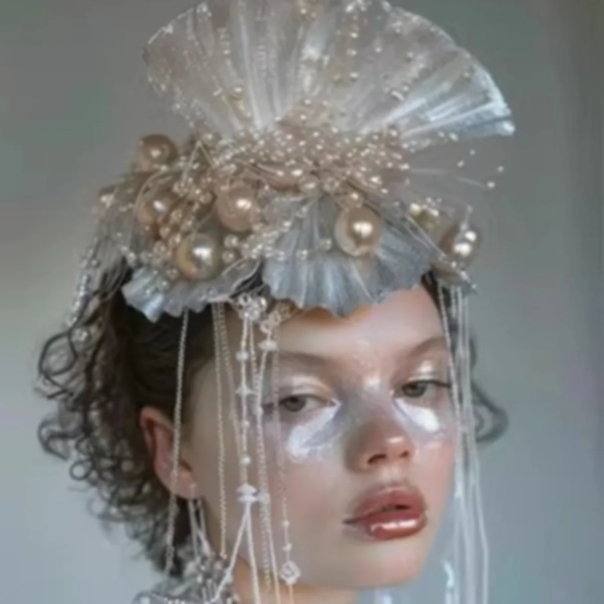 

Крутой головной убор с жемчужной бахромой в стиле океанской русалки - аксессуары для волос в виде ракушек для женщин, корона для фэнтезийного эльфийского макияжа, фотосессий и вечеринок