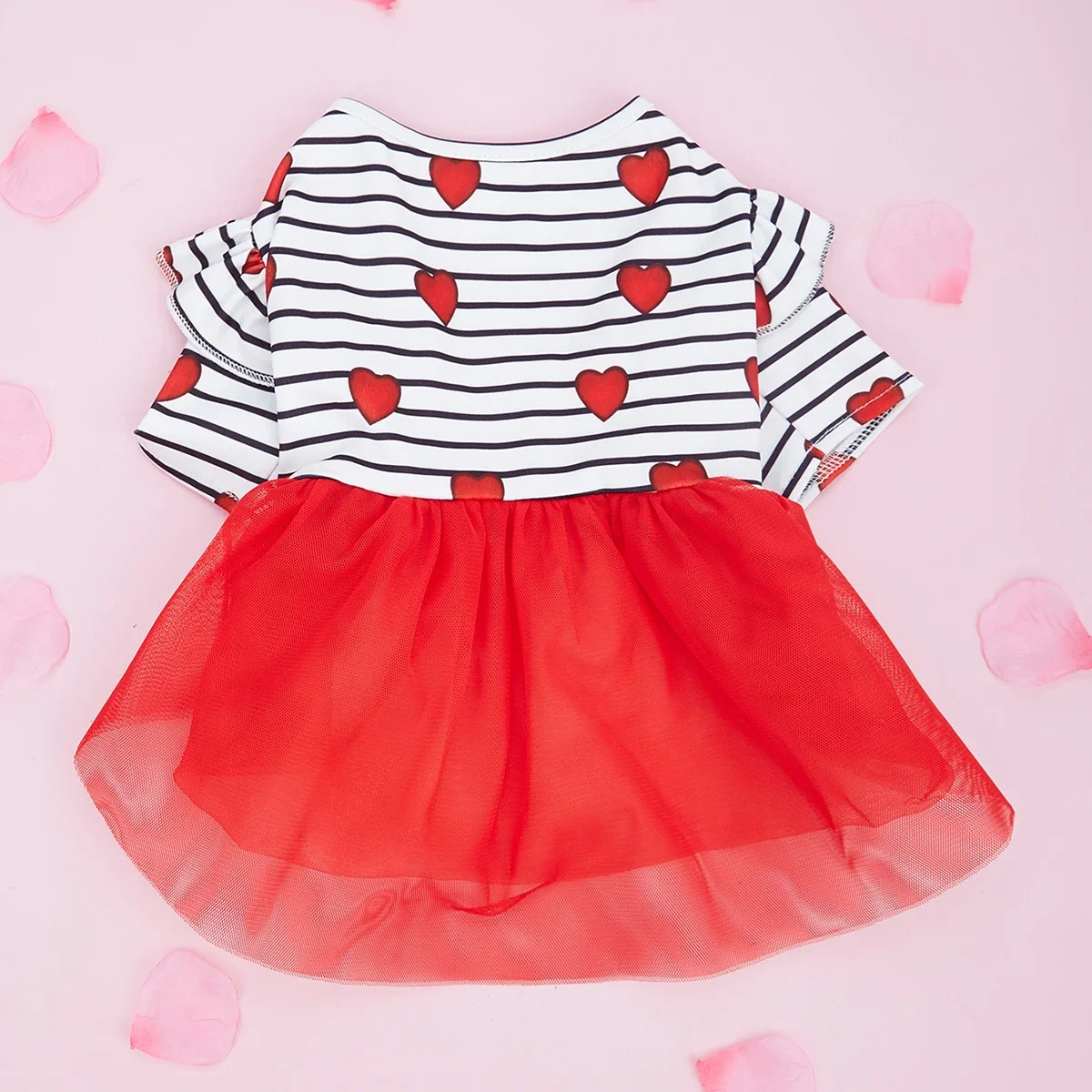 Stripe and Red Hearts Valentine's Day Dog Tulle Dress, Flutter Sleeve Dog Clothes for Small Dogs Girl, Cat Apparel