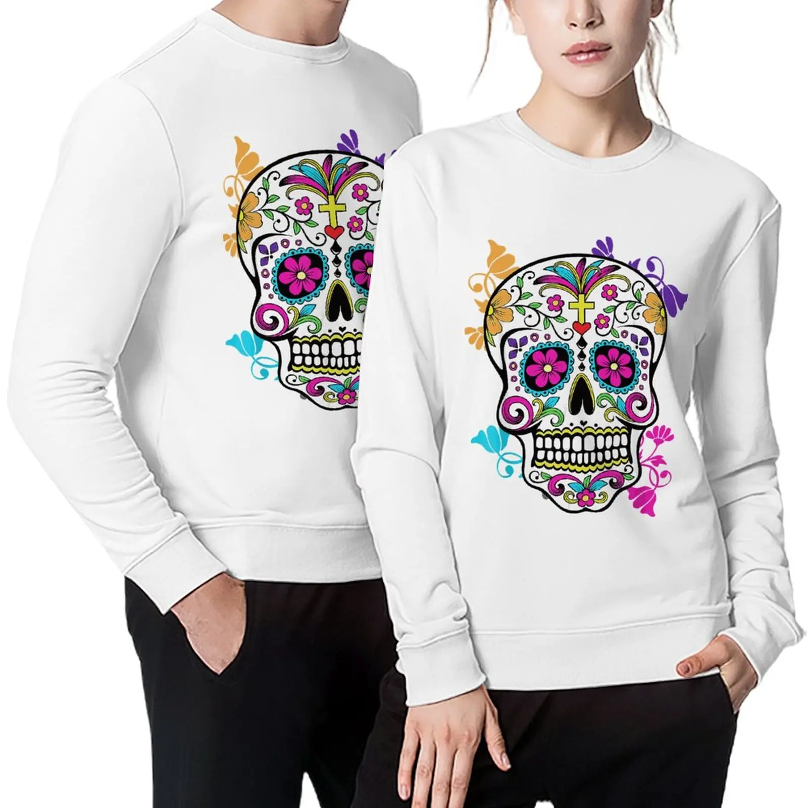 Unisex Cotton Dia de Los Muertos Sugar Skull Tee Men Casual Thickened Adult Fleece Crewneck Sweatshirt Loose Pullover Hoodies