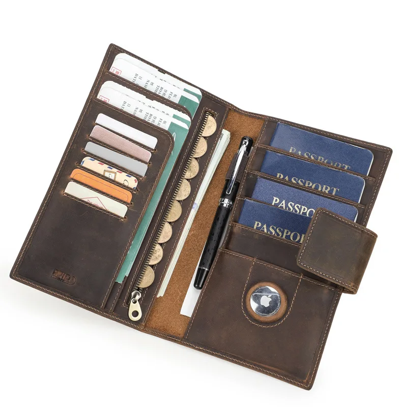 

Кошелек для паспорта RFID из натуральной кожи, деловая длинная дорожная сумка для паспорта, держатель для карт с держателем Airtag