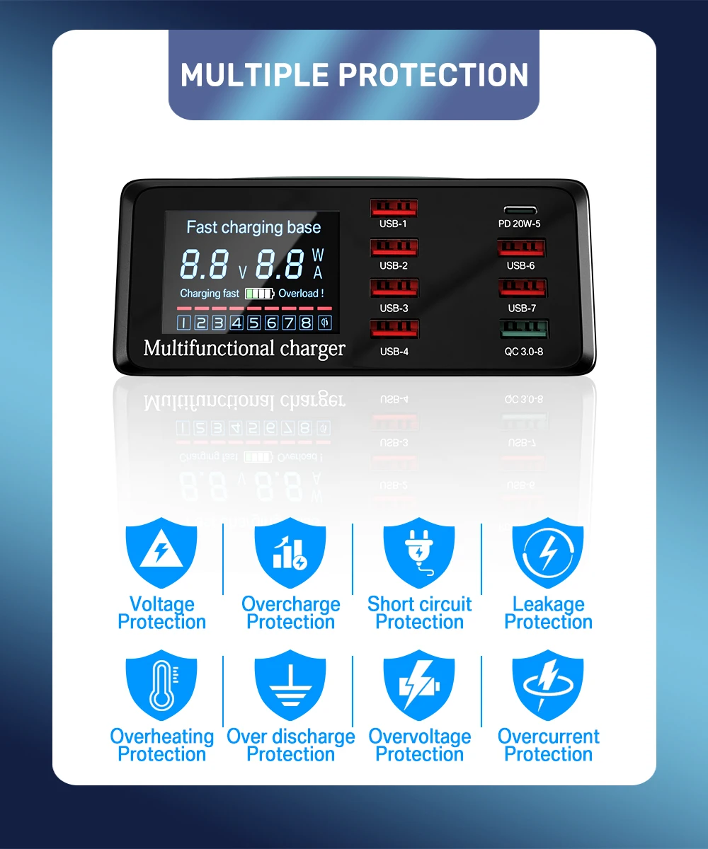 100w 8 Ports USB-Ladestation mit kabelloser Aufladung digitaler Bildschirm qc 3,0 pd 3,0 Schnell ladung für iPhone 14 13 Xiaomi – Detail 7