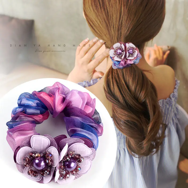 2022 Elegant Flower Scrunchies Gum Women Girls Elastic Hair Rubber Bands Accessories Tie Hair Ring Rope Ponytail Holder Headwear