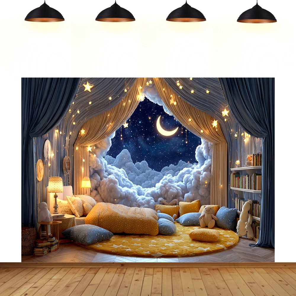 

night sky theme background children baby room decoration starlit sky night moon rocket star cloud photography Booth backdrop