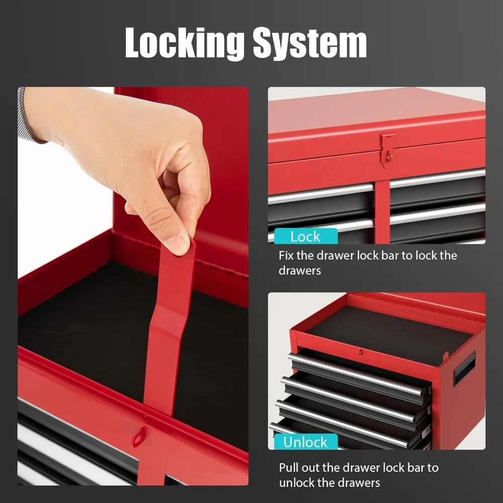 خزانة أدوات، خزانة تخزين أدوات دوارة ذات 5 أدراج مع صندوق أدوات علوي قابل للفصل، بطانة، عجلات عالمية قابلة للقفل، قابلة للتعديل