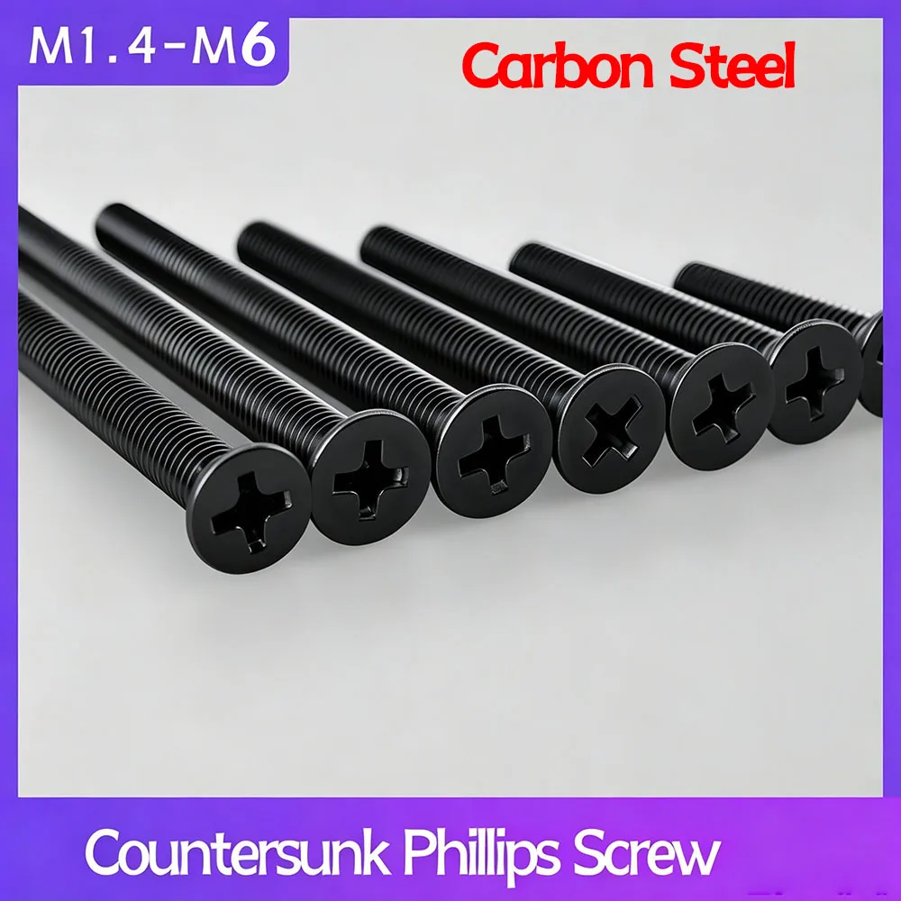 10-100Pcs M1.4 M1.6 M2 M2.5 M3 M3.5 M4 M5 M6 GB819 Small Black Carbon Steel Cross Phillips Flat Countersunk Head Screws Bolts