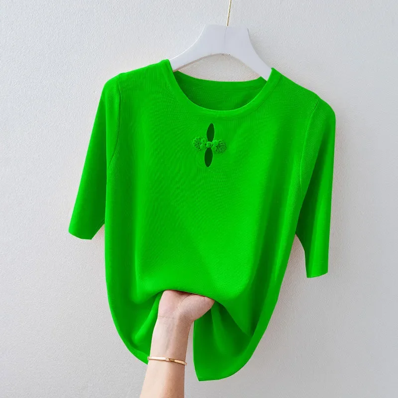 Women's Red Crew Neck Half Sleeve Knit Top Keyhole Detail Stretchy Comfortable Daily Blouse
