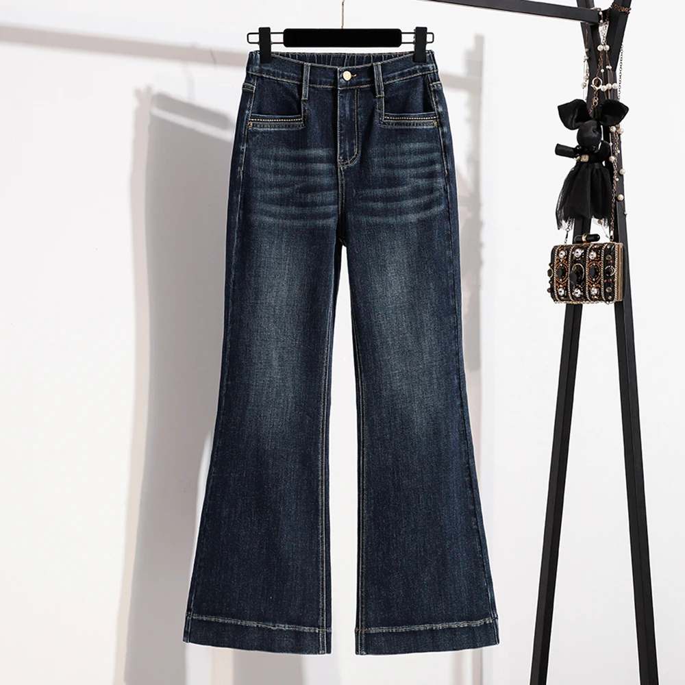 Fall New plus Size Micro Flare Jeans High Waist Elastic Slimming Bell Bottom Pants Long Casual Cotton Polyester Blend