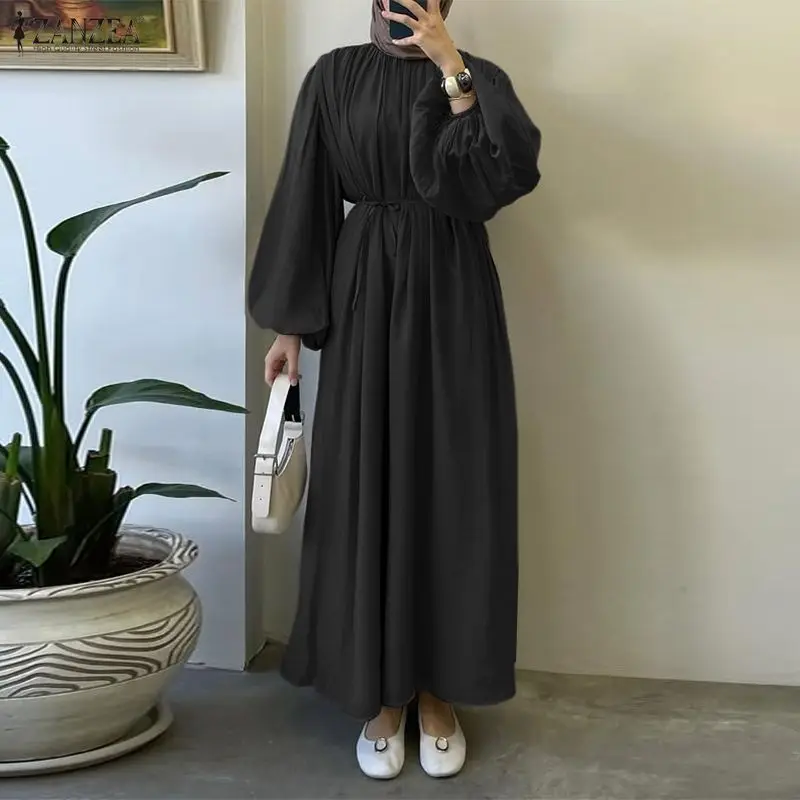 

ZANZEA Stylish Women O Neck Long Lantern Sleeve Solid Sundress Casual Kaftan Muslim Dress Abaya Elegant Loose Ramadan Robe 2026