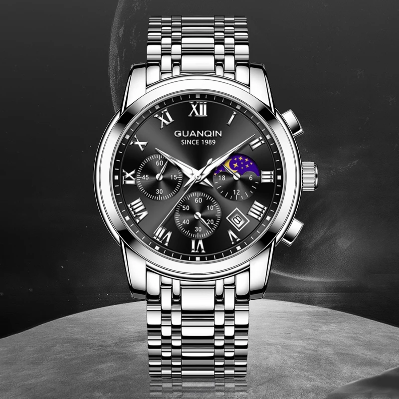 

GUANQIN Роскошные мужские кварцевые часы из нержавеющей стали, корпус из сплава, хронограф, деловой отдых, 30 м, водонепроницаемые светящиеся наручные часы