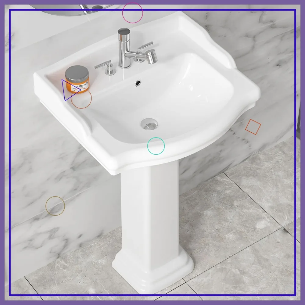 

Большая белая фарфоровая раковина на пьедестале с бортиком, 23x19 дюймов, 3 отверстия для смесителя, отверстие для перелива