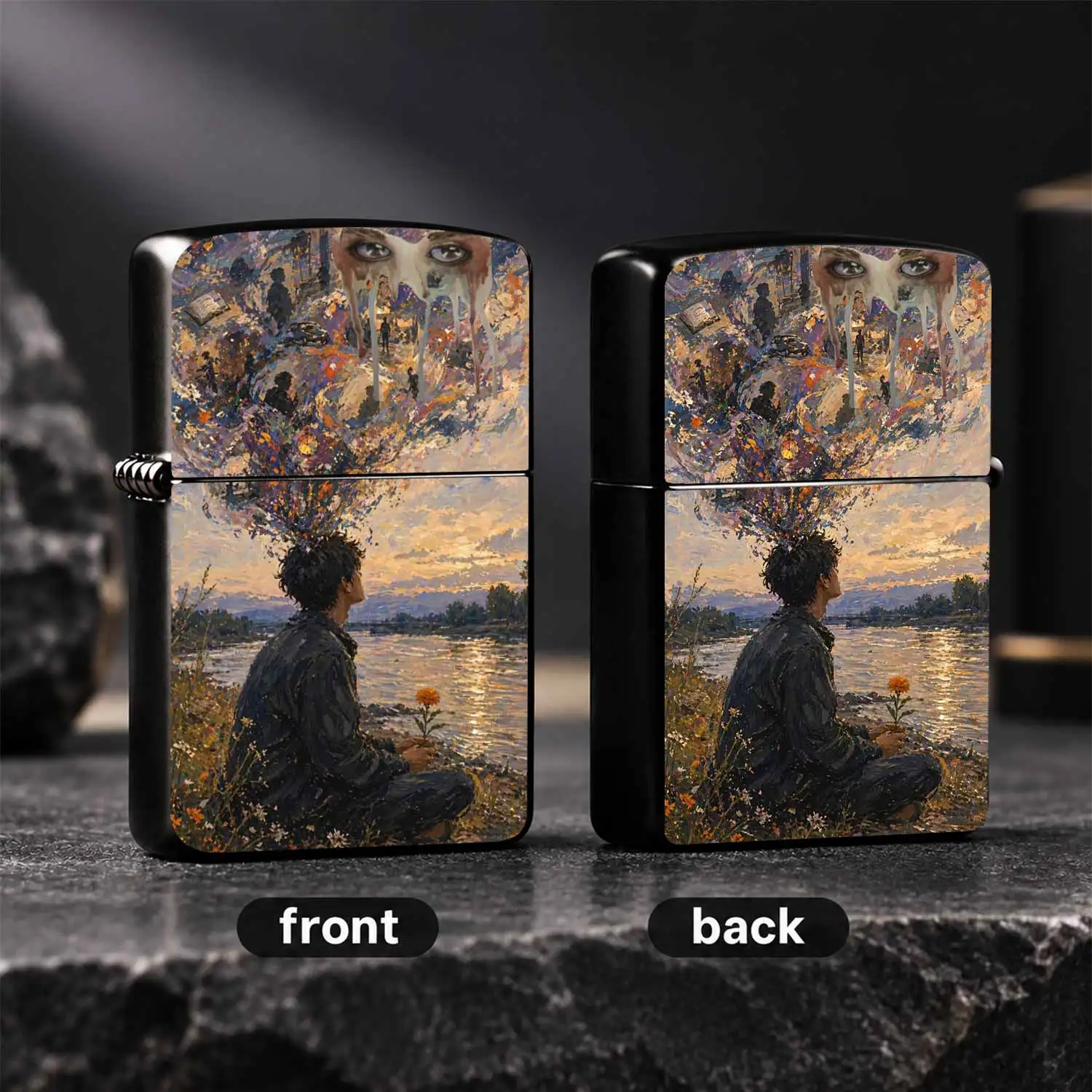 Surreal Art Lighter, Creative Sunset Riverside Figure Holding Flower Print, Atmospheric Trendy Portable Accessory, Stylish Daily Carry Item, Suitable For All Scenarios, Great Choice For Gifting Or Personal Use, Unique Abstract Visual Design