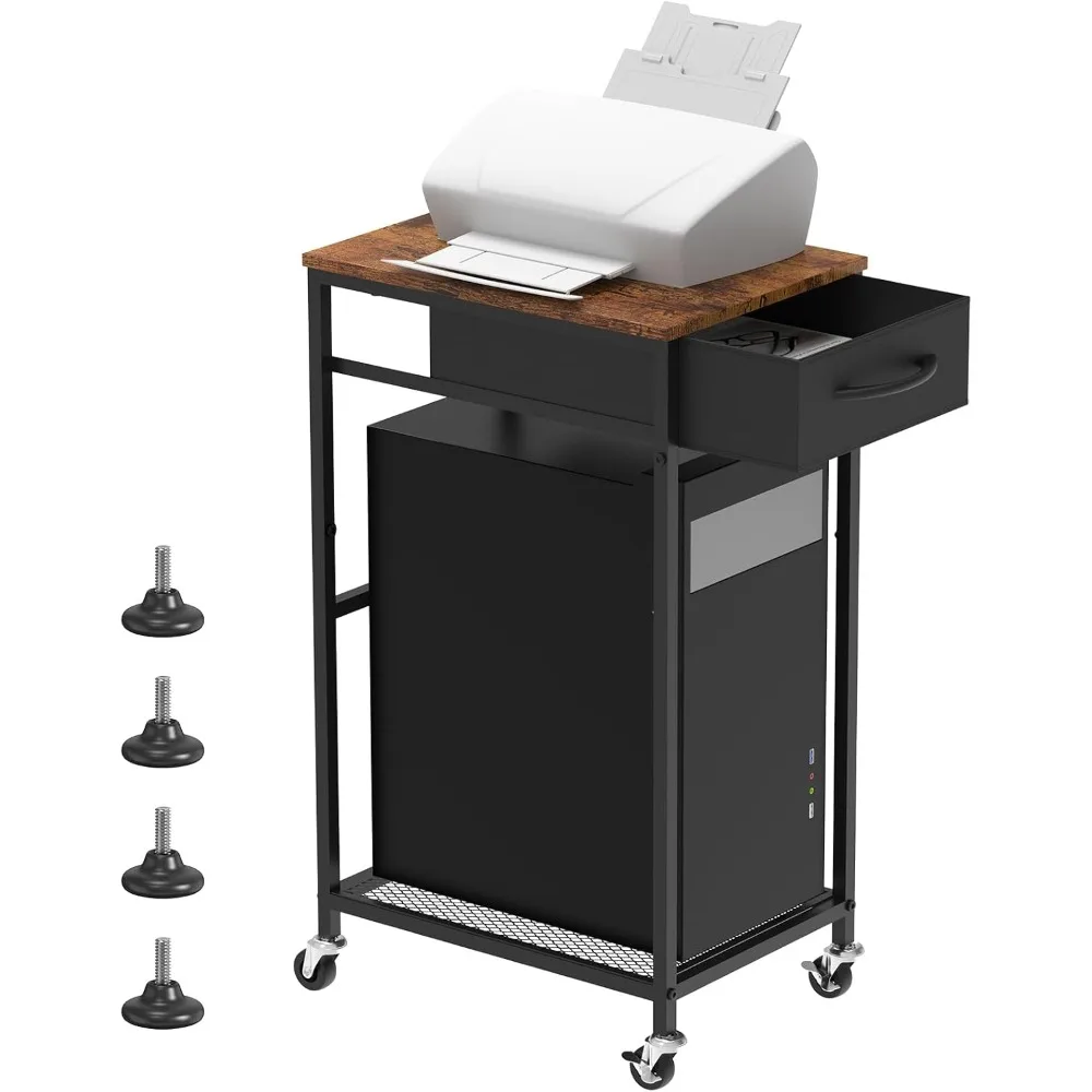 

Computer Tower Stand with Storage Drawer 2 Tier Stand Mobile Printer Cart on Wheels for Home Office, Industiral Brown and Black