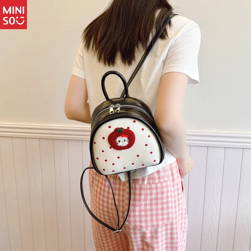 Miniso 2025 Apple Polka Dot Cat Backpack, Cute School Bag for Girls with Top Handle