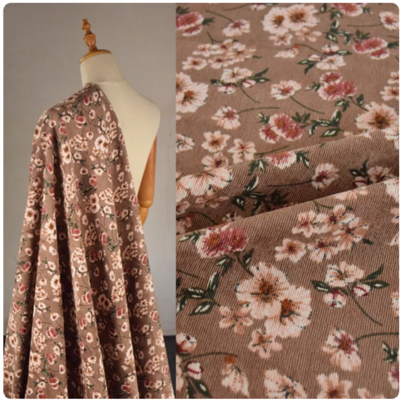 

Retro Brown Flower Print Corduroy Fabric For Autumn Winter Dress Pants Coat Face Shoe Surface Handmade Cloth, T2390