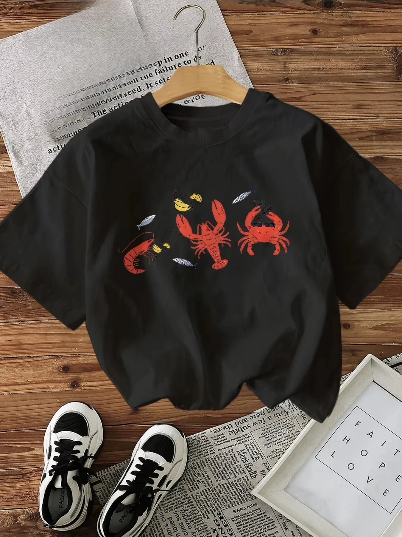 Women's Casual Vintage Style Seafood Lobster Crab Shrimp Print Short Sleeve Crew Neck T-Shirt Harajuku Sleeve Aesthetic Clothe
