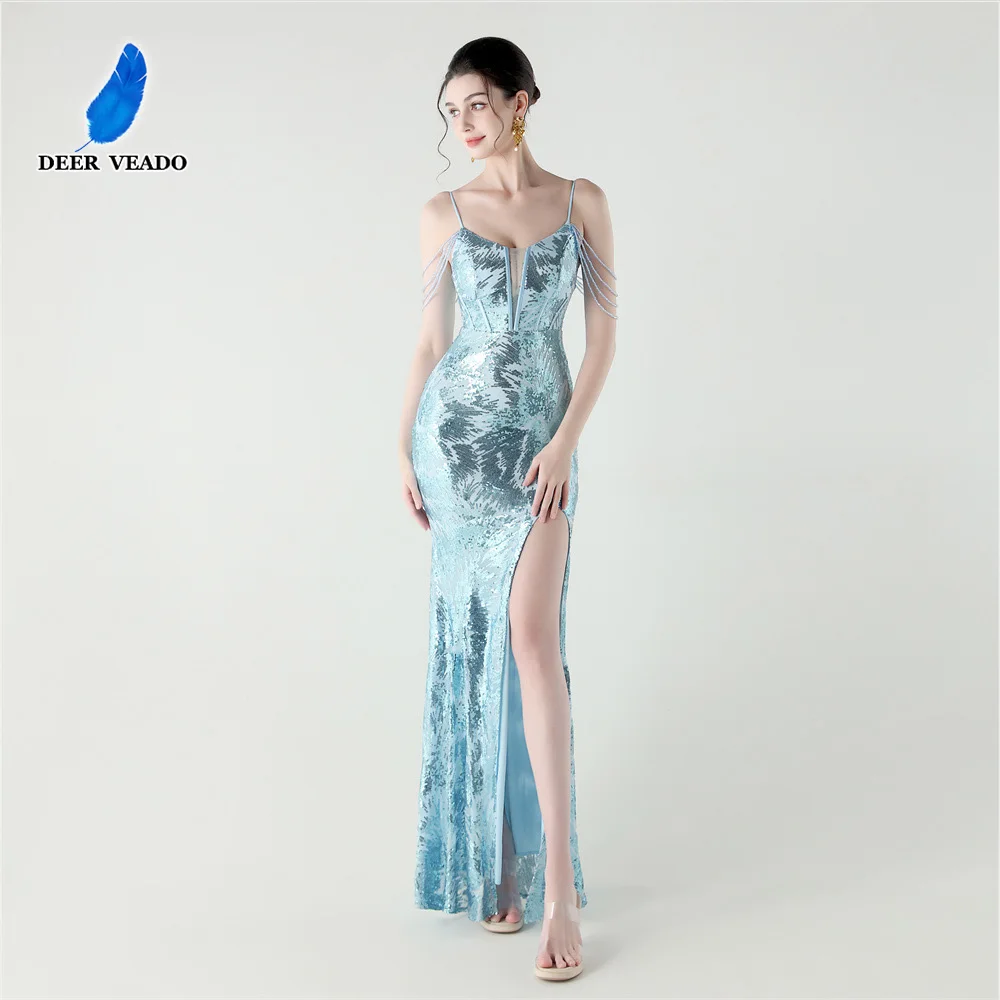 

DEERVEADO 8 Colors Sexy High Split Evening Dresses for Woman Strap Prom Party Maxi Dress with Beads Sequined Formal Dresses