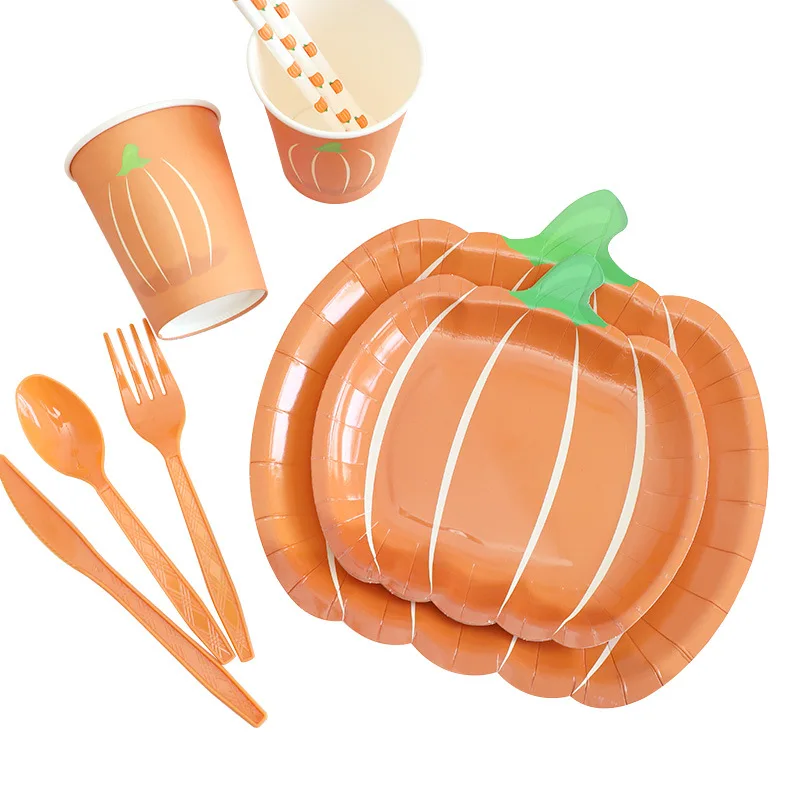 Thanksgiving Disposable Pumpkin Paper Plate Party Decoration Supplies Orange Table Cloth Knife Fork Spoon Set