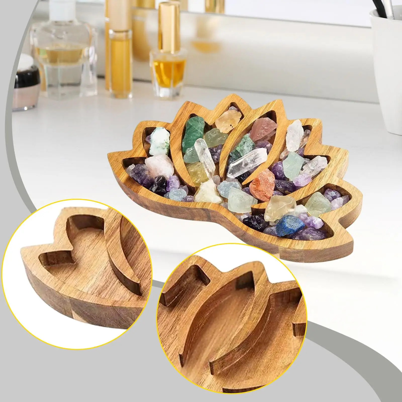 Stone Display Tray Lotus Shaped Multifunctional Wooden Table Centerpiece Organizer for Rocks Jewelry Essential Oil Keys Entryway