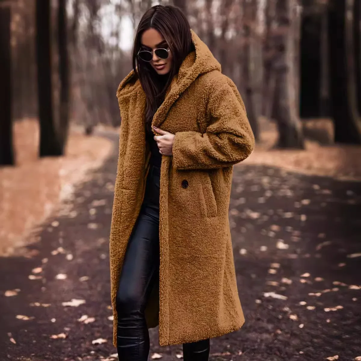 Women\'s Autumn and Winter New Fashion Woolen Coat Solid Color Loose Long-sleeved Casual Woolen Hooded Single-button Long Coat