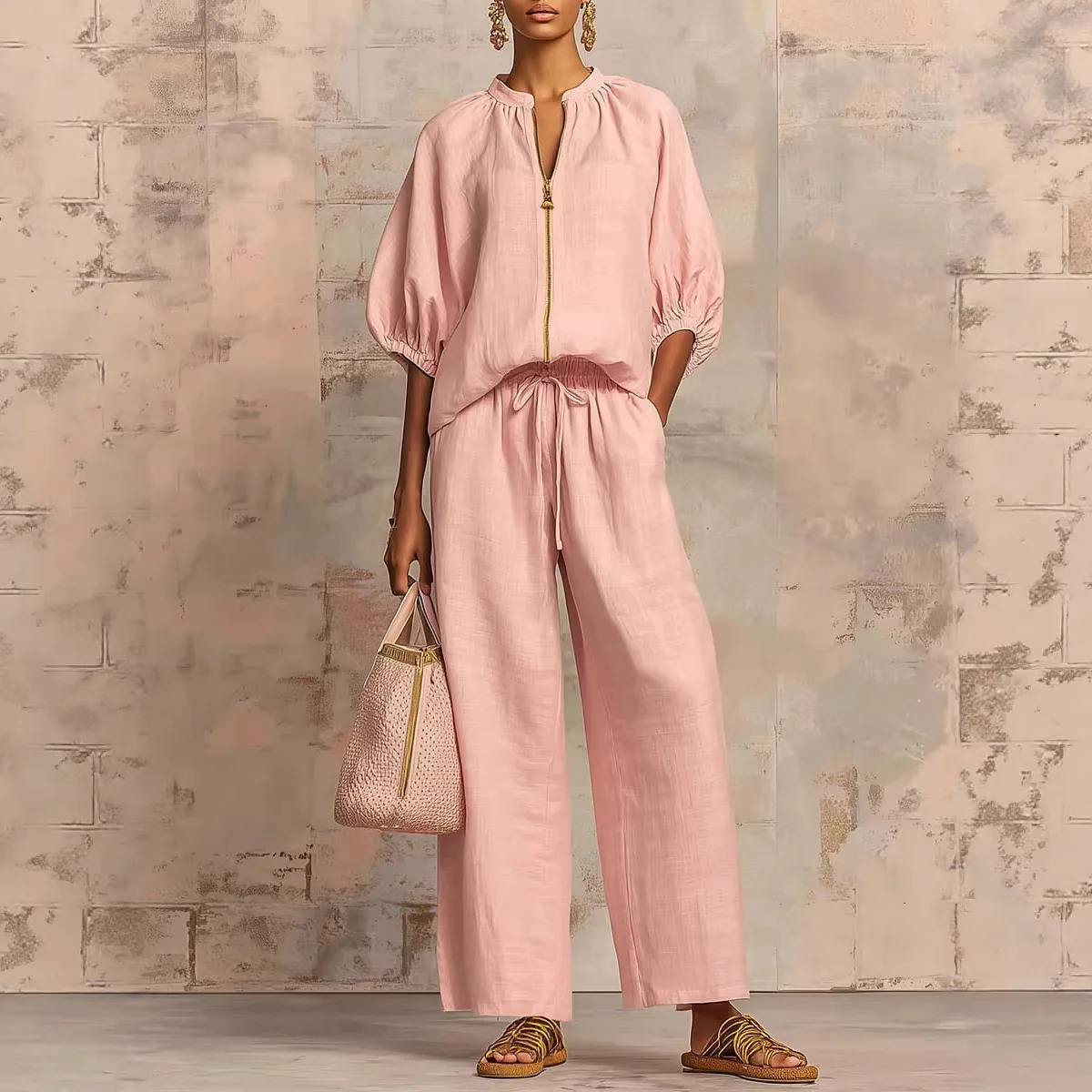 

Women's Casual Loose Solid Color Tracksuits Outfits Zipper Round Neck Short Sleeve Blouse And Wide Leg Pants Two Piece Set