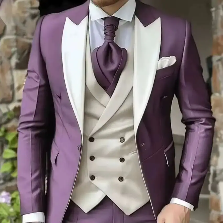 

New Elegant Wedding Men's Suits 3 Piece Jacket Pants Vest Full Set Luxury Single Breasted Peak Lapel Purple Male Clothing Blazer
