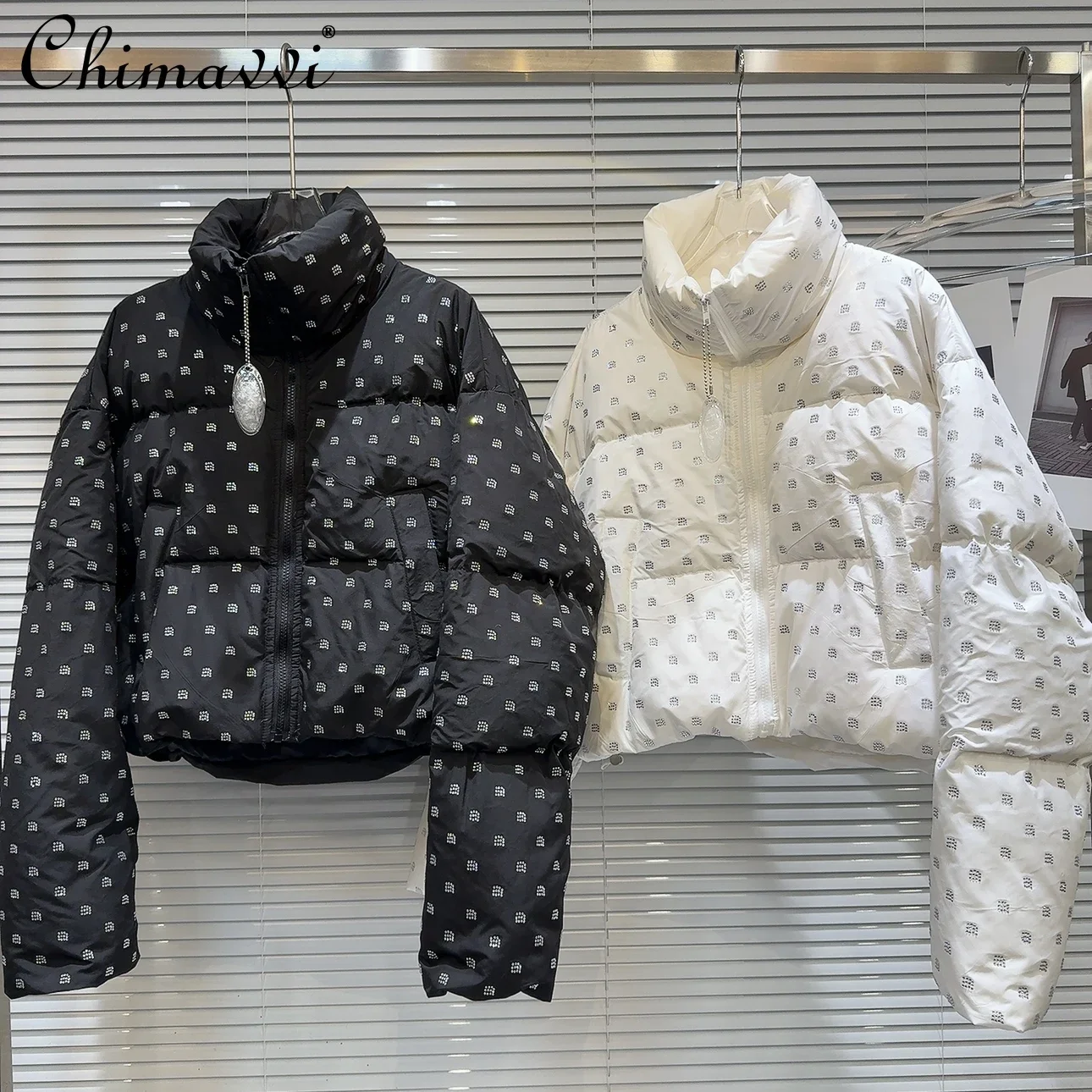 Fashion Letter Rhinestone Pattern Hot Girls Down Jacket 2024 Winter New Warm Stand Collar Long Sleeve Black Warm Short Coats