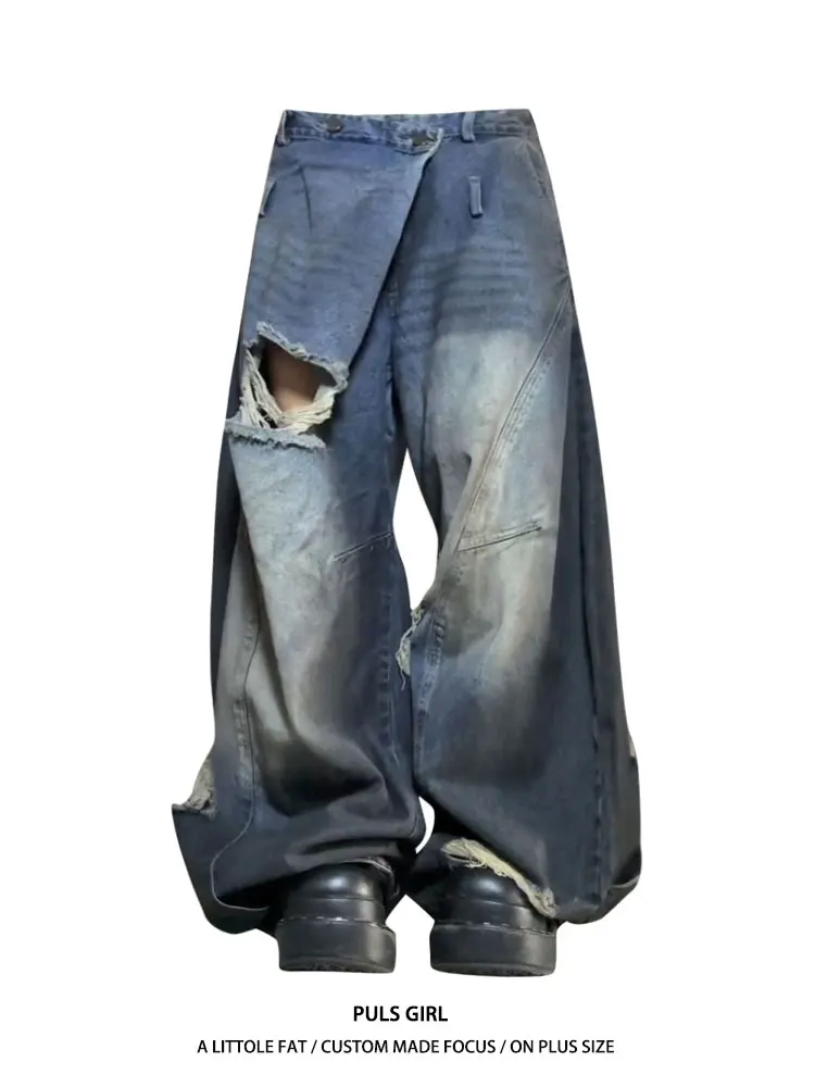 

Heavy Duty American Street Style Distressed Jeans Women's High Waist Knife Long Pants Casual Wear for Ages 18-24